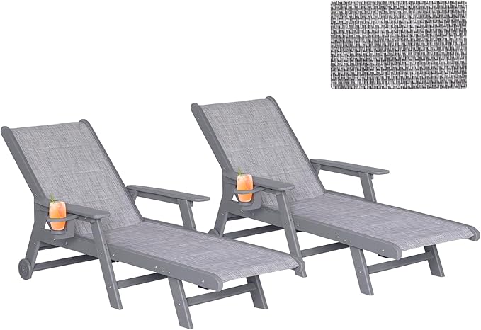 Outdoor Chaise Lounge Set of 2, 5-Position Adjustable Patio Chair with Wheels & Cup Holder, HDPE Pool Chair with Textilene Surface for Outside, Poolside & Beach (Grey, 2)
