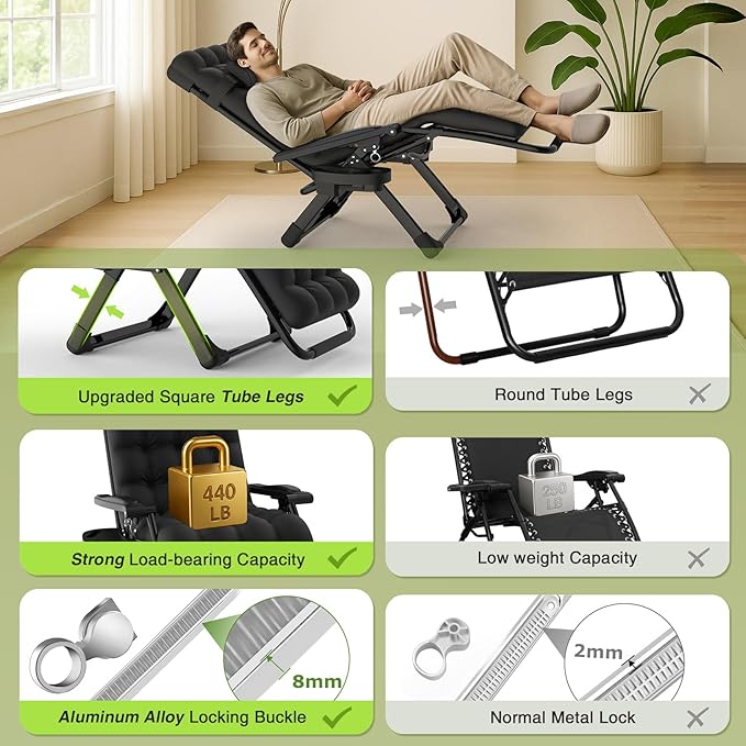 Suteck Zero Gravity Chair, Reclining Camping Lounge Chair w/Removable Cushion, Upgraded Lock and Cup Holder - Photo 7