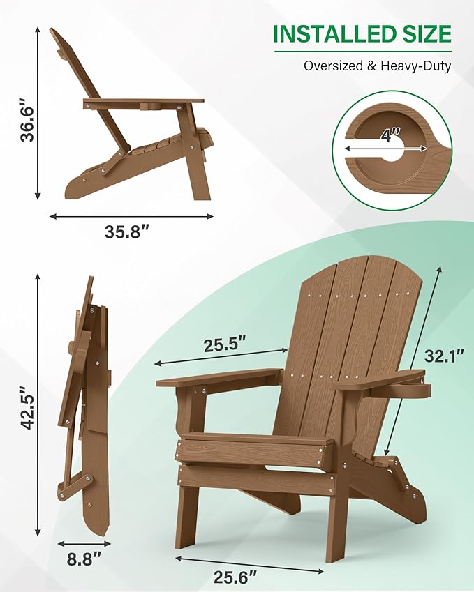 YEFU Adirondack Chair, Oversized Plastic Adirondack Chair Folding Outdoor Chairs with Cup Holder - Photo 3