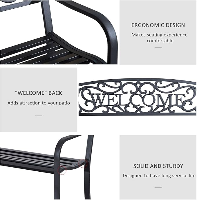Metal Outdoor Garden Bench with Welcome Design
