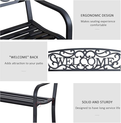 Metal Outdoor Garden Bench with Welcome Design