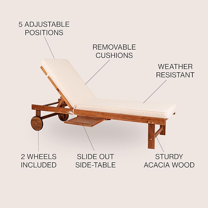 JONATHAN Y PAT1003A Seabrook 69 x 24 Inch Outdoor Acacia Wood Lounger with Cushion, 5-Position Back, Slide Table & Wheels for Garden, Lawn, Backyard, Pool, Deck, Beach, Firepit, Light Brown