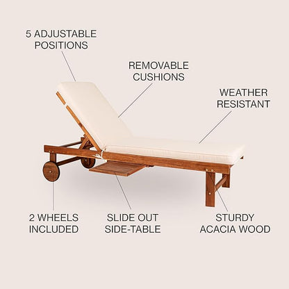 JONATHAN Y PAT1003A Seabrook 69 x 24 Inch Outdoor Acacia Wood Lounger with Cushion, 5-Position Back, Slide Table & Wheels for Garden, Lawn, Backyard, Pool, Deck, Beach, Firepit, Light Brown