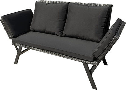 Greesum Outdoor Sofa, Woven Rattan Patio Furniture, Convertible Daybed or Double Chair with Adjustable Armrests, Cushions and Pillows for Yard, Porch, Pool, Black Lounger & Black Pillowcase