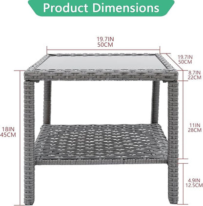 Helios&Hestia Square All Weather Rattan Wicker Outdoor Coffee Side End Table with Glass Top for Patio, Deck, Backyard, Garden, Grey