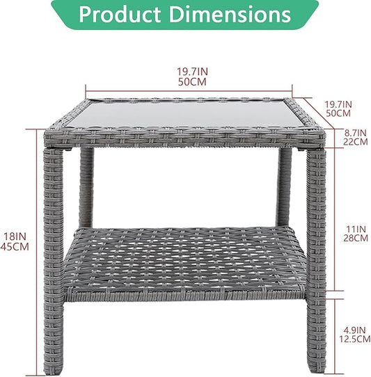Helios&Hestia Square All Weather Rattan Wicker Outdoor Coffee Side End Table with Glass Top for Patio, Deck, Backyard, Garden, Grey