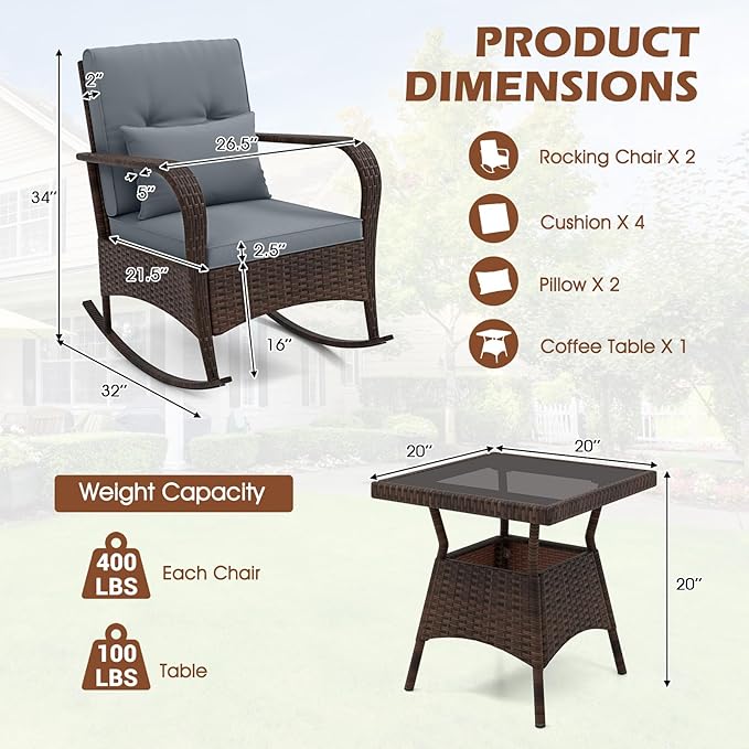 ORALNER 3 Pieces Patio Furniture Set, Outdoor Wicker Rocking Chairs with Cushions, Pillows, Glass Coffee Table, Rattan Bistro Rocker Set for Balcony Front Porch Poolside Garden Deck Yard (Grey)