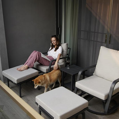 Patio Glider Swivel Rocker Sets: 5Pieces Aluminum Alloy Ensemble with 360° Swivel Rocking Glider Chairs, Rust-Resistant Frame Gray Cushions -Perfect for Decoration (2 Glider chairs& 2Ottomans+1Table)