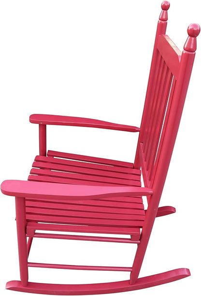 Wood Rocking Chair with High Back and Armrest for Indoor Outdoor Use, Wooden Frame Patio Porch Rocking Chair with Rocker, Front Porch Chairs for Deck Garden Lawn Balcony Backyard, Red