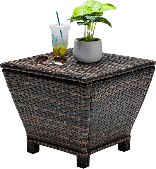 Outdoor PE Wicker Side Table with Storage, Small Patio Storage Bin Container for Hose Cushion Towel