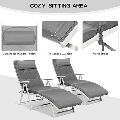 Giantex Chaise Lounge Chair for Outside, Pool Folding Reclining Beach Chair W/Removable Cushion&Headrest Pillow, Outdoor Lounge Chaise w/ 7 Backrest Positions, Portable Patio Lounger (2, Grey)