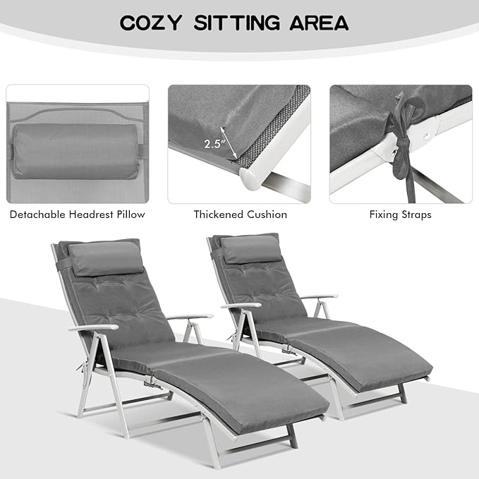 Giantex Chaise Lounge Chair for Outside, Pool Folding Reclining Beach Chair W/Removable Cushion&Headrest Pillow, Outdoor Lounge Chaise w/ 7 Backrest Positions, Portable Patio Lounger (1, Grey)