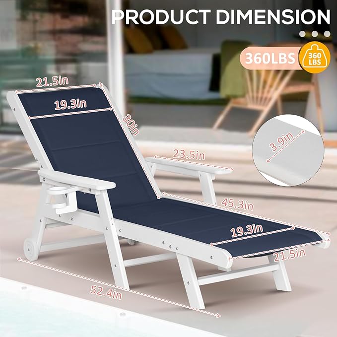 Outdoor Chaise Lounge Chair with Textilene Surface, 5-Position Adjustable Patio Lounge Chair with Wheels & Cup Holder, HDPE Pool Lounge Chair for Outside, Poolside & Beach (Dark Blue+White, 1)