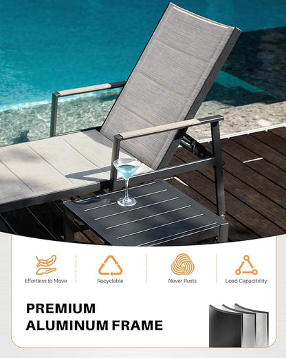 3-Piece Outdoor Chaise Lounge Set, Never-Rust Aluminum Patio Lounge Chairs with Side Table, Double-Layer Textilene Pool Lounge Chairs, Adjustable Backrest Sunbathing Loungers for Beach, Garden