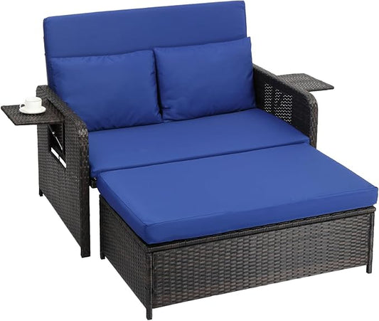 VINGLI Patio Daybed, Wicker Outdoor Daybed with Storage Ottoman & 5-Level Adjustable Backrest, All-Weather Rattan Cushioned Patio Loveseat Sofa for Garden Balcony Backyard (Navy, Brown)