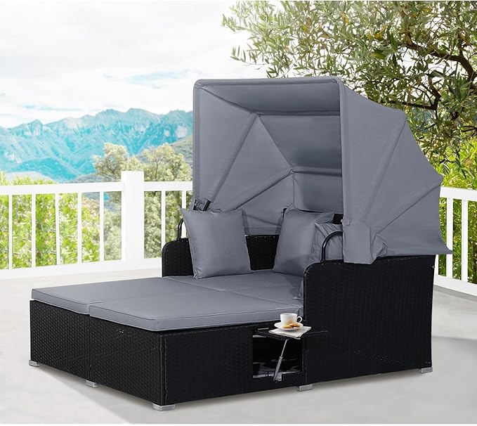 ORALNER Outdoor Daybed, 2-Person Wicker Patio Sofa with Retractable Canopy, Cushions & Pillows, 2 Side Trays - Photo 9