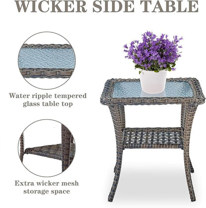Belord Wicker Porch Rocking Chairs - 3 Pieces Patio Bistro Set High Back Outdoor Rocker Chairs Set with Side Table for Deck Balcony Brown