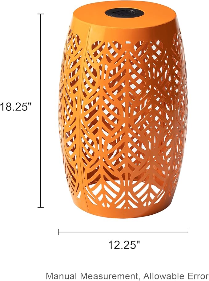 Glitzhome Set of 2 Outdoor Side Table with Leaf Pattern Solar Powered Light, 18.25" H Iron Cutout Drum Garden Stool Solar Decorative Lanterns, Metal End Table Plant Stand for Indoor Outdoor, Orange