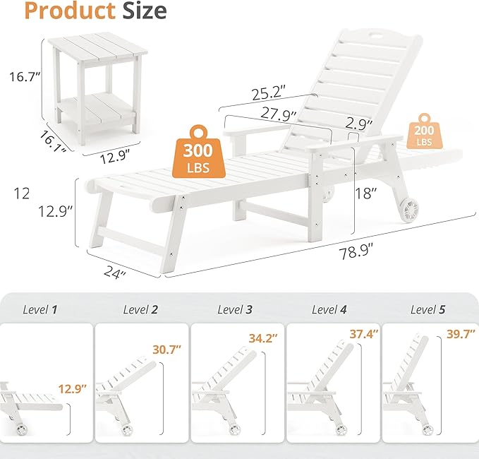LUE BONA Outdoor Lounge Chair Set with Table, 3-Piece, HDPS Chaise Lounge Outdoor with Wheels, 5 Positions Adjustable Pool Lounger Chairs for Outside, Patio, White