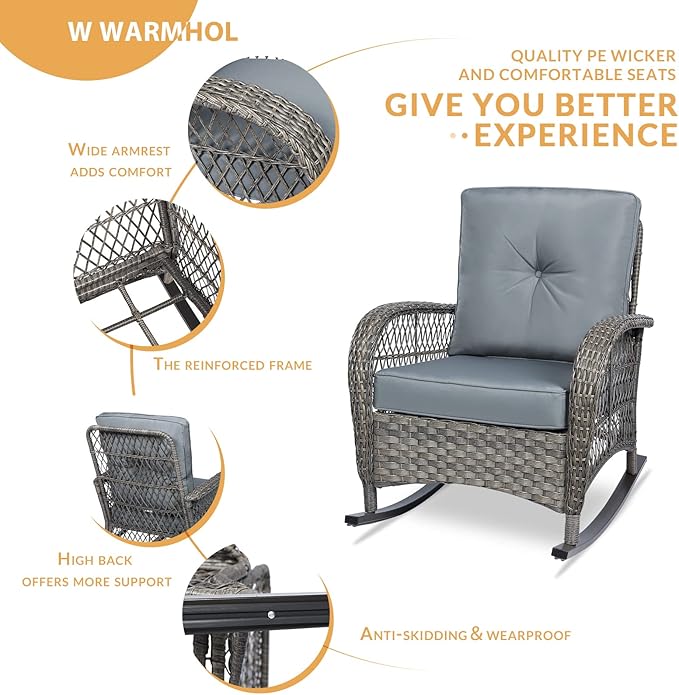 Outdoor Wicker Rocking Chair with Thickened Cushions, All-Weather Rattan Patio Rocking Chairs - Photo 5