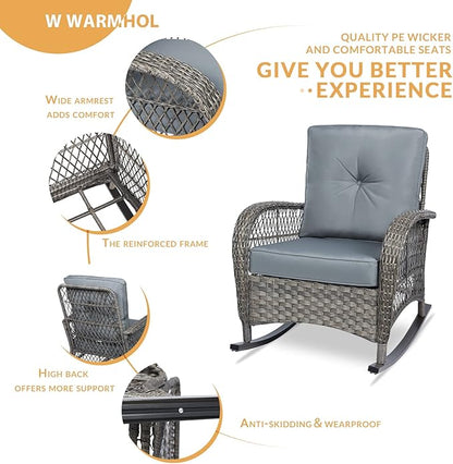 Outdoor Wicker Rocking Chair with Thickened Cushions, All-Weather Rattan Patio Rocking Chairs, Rocker Wicker Chair for Porch Garden & Backyard, Gray, Set of 2