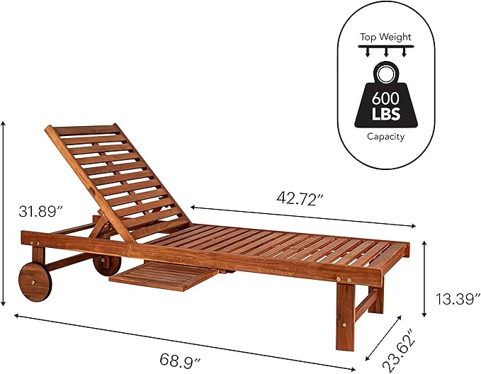 JONATHAN Y PAT1003A Seabrook 69 x 24 Inch Outdoor Acacia Wood Lounger with Cushion, 5-Position Back, Slide Table & Wheels for Garden, Lawn, Backyard, Pool, Deck, Beach, Firepit, Light Brown