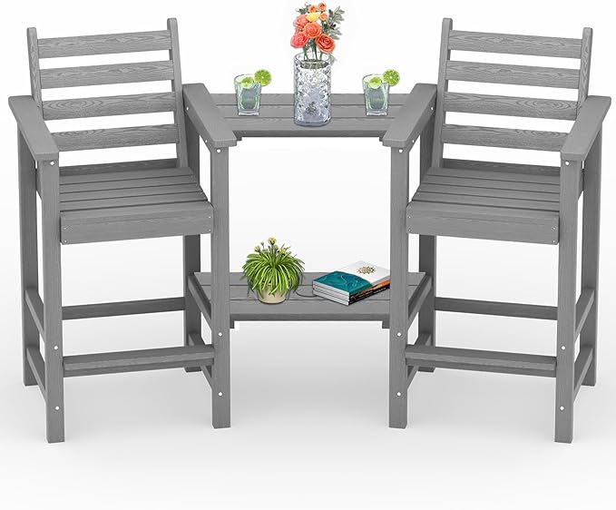 PLUUV Tall Adirondack Chairs Set of 2, All Weather HDPE Poly Bar Height Balcony Adirondack Chair with Removable Double Connecting Trays, Outdoor Adirondack Barstools for Deck, Patio, Yard, Pool, Lawn