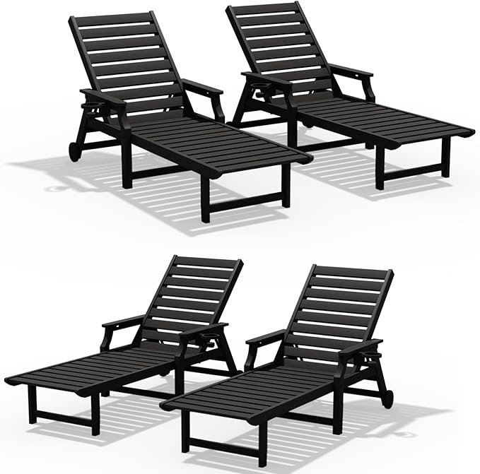 5-Position Adjustable Patio Chaise Lounge - 78'' HDPE Outdoor Lounger with Rolling Wheels & Cup Holder, Longer, Wider, Higher - Perfect for Poolside & Deck, Black, 4pcs