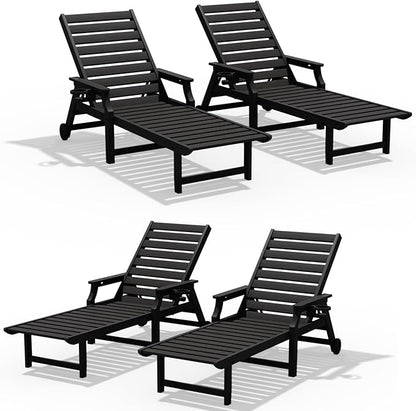 5-Position Adjustable Patio Chaise Lounge - 78'' HDPE Outdoor Lounger with Rolling Wheels & Cup Holder, Longer, Wider, Higher - Perfect for Poolside & Deck, Black, 4pcs
