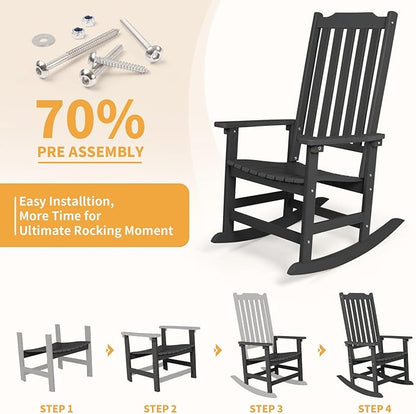Outdoor Rocking Chairs Set of 2, Oversized All Weather High Back Porch Rocker, Patio Rockers for Outside