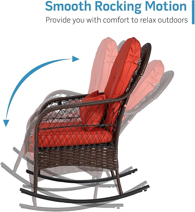 Outdoor Wicker Rocking Chair, 2 Piece PE Rattan Rocker Set with Cushion & Pillow, Outdoor Rocking Furniture for Garden, Porch, Backyard, Poolside (Brown Rattan+ Orange Cushion)