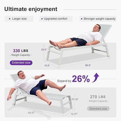 PURPLE LEAF Oversize Chaise Lounge Chair Outdoor 2 Pieces White Aluminum Lounge Chair with Wheels and Table for Pool Deck Patio, Mixed Color
