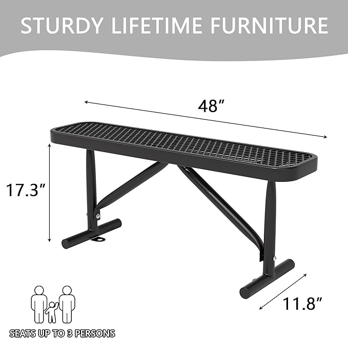 4 Ft Metal Park Benches for Outside, Outdoor Backless Bench with Thermoplastic Coating, Portable Frame, Commercial Expanded Metal Mesh Bench for Shopping Mall, Store, Park, Patio, Deck, Black