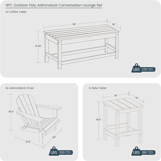 Costaelm 4-Piece Set Outdoor/Patio Poly Adirondack Chairs with a Coffee and a Side Table (2 Seater), Dark Brown