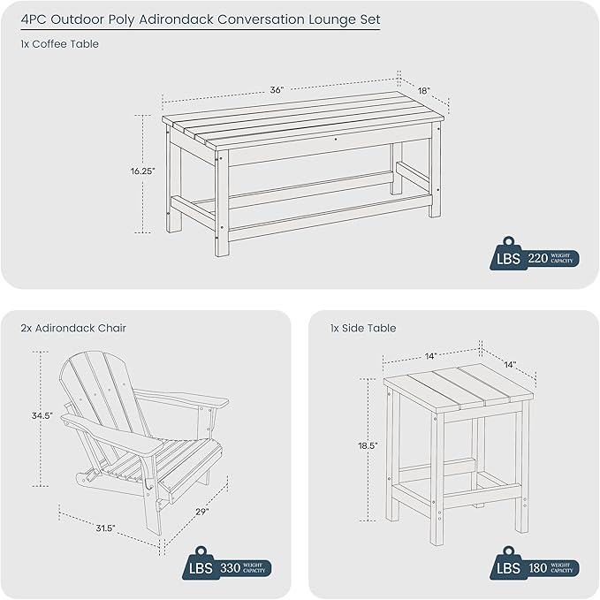 Costaelm 4-Piece Set Outdoor/Patio Poly Adirondack Chairs with a Coffee and a Side Table (2 Seater), White - Photo 2