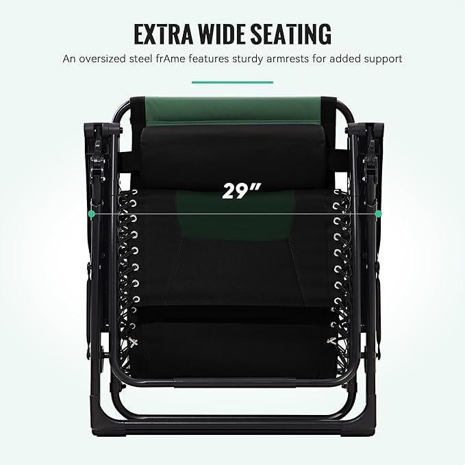 JEAREY Oversized Padded Zero Gravity Chairs, Folding Lounge Chair Outdoor Patio Recliner, Anti Gravity Chair for Backyard with Headrest, Cup Holder, Side Tray, Polyester Mesh - Black/Dark Green