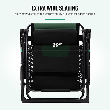 JEAREY Oversized Padded Zero Gravity Chairs, Folding Lounge Chair Outdoor Patio Recliner, Anti Gravity Chair for Backyard with Headrest, Cup Holder, Side Tray, Polyester Mesh - Black/Dark Green