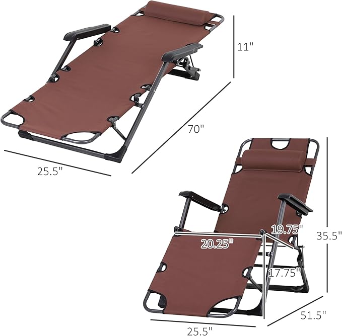 Outsunny Folding Chaise Lounge Chair for Outside, 2-in-1 Tanning Chair with Pillow & Pocket, Adjustable Pool Chair for Beach, Patio, Lawn, Deck, Brown