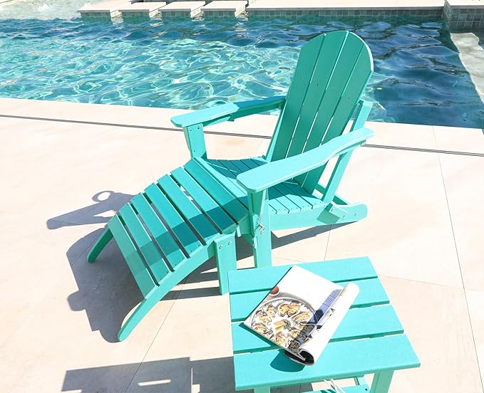 Adirondack Chair with Ottoman | Folding | Outdoor Patio Chair with Removable Footrest | HDPE Plastic All-Weather Resistant | Cup Holder | for Backyard and Garden | Turquoise
