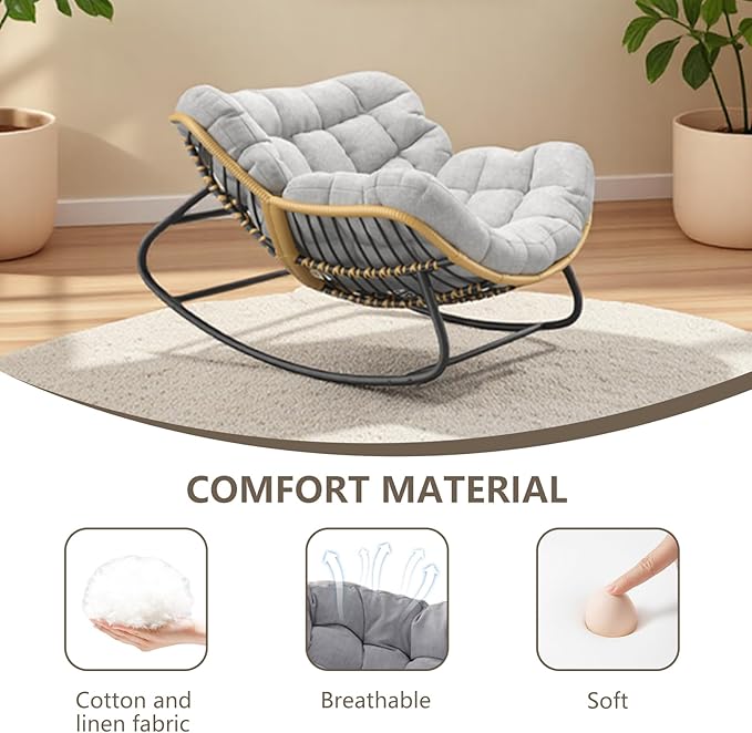 Oversized Rocking Chair, Outdoor/Indoor Patio Papasan Rocker with Thick Cushion - Photo 5