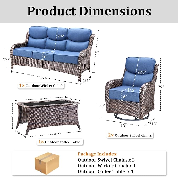 Luxury High Back Patio Furniture Set with 6-Inch Thick Cushions, 4-Pieces Outdoor Furniture with Swivel Chairs - Photo 8