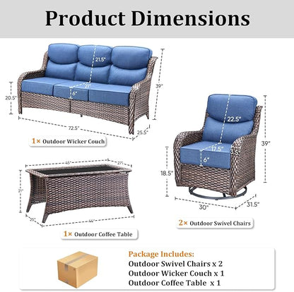 Luxury High Back Patio Furniture Set with 6-Inch Thick Cushions, 4-Pieces Outdoor Furniture with Swivel Chairs, Wicker Conversation Set for Porch, Balcony, Deck and Yard, Brown/Blue