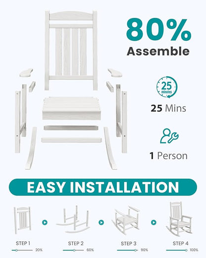 SERWALL Outdoor Rocking Chairs Set of 2, Oversized HDPE Porch Rockers for Adults, All-Weather Composite Patio Rocking Chairs, White