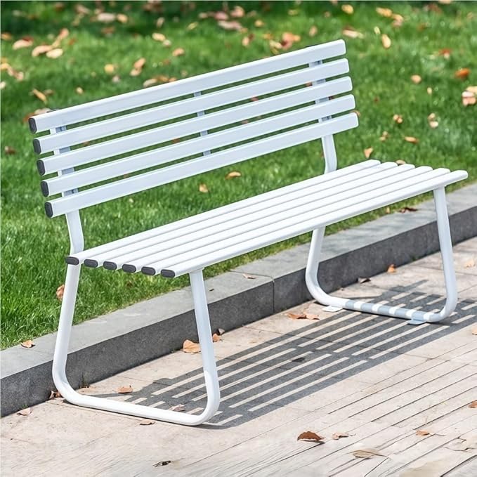 Modern Metal Garden Bench, Weatherproof Colorful Outdoor Bench, Sturdy Steel Frame Long Chair for Park, Lawn, Yard, Porch(White,59.1in)