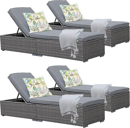 Patiorama Outdoor Patio Chaise Lounge Chair, Elegant Reclining Adjustable Pool Rattan Chaise Lounge Chair with Cushion, Grey PE Wicker, Steel Frame,Light Grey, Set of 4