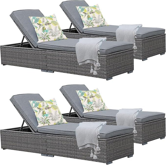 Patiorama Outdoor Patio Chaise Lounge Chair, Elegant Reclining Adjustable Pool Rattan Chaise Lounge Chair with Cushion, Grey PE Wicker, Steel Frame,Light Grey, Set of 4