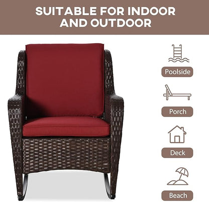 Outsunny Outdoor Wicker Rocking Chair with Wide Seat, Thick Cushions, Rattan Rocker with Steel Frame, High Weight Capacity for Patio, Garden, Backyard, Wine Red