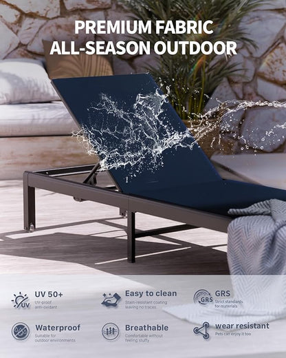 Aluminum Lounge Chairs Outdoor Chaise Furniture,2 Sets Patio Metal Deck Lounger Adjustable 5-Position Poolside Chase Recliner with Wheels for Beach,Coffee Table, (NavyBlue, 1 Chair)