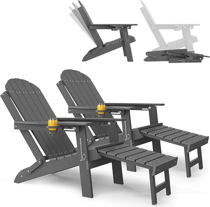 YEFU Adirondack Chairs Set of 2 for Outdoor: Folding Adirondack Chairs with Retractable Ottoman & Cup Holder - HDPE Plastic Adjustable All-Weather Chair for Patio/Pool/FirePit- Easy Assembly(Grey)