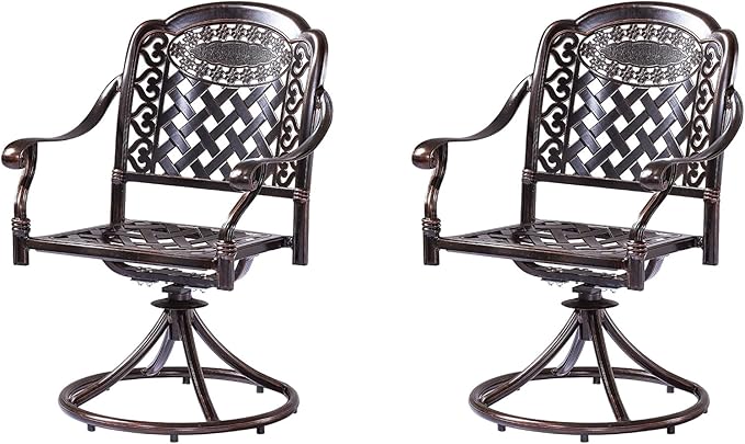 Outdoor Dining Chair Cast Aluminum Patio Chairs Set of 2 All-Weather Patio Dining Chair with Adjustable Feet for Backyard Garden (Slanted Grid Swivel Chair)